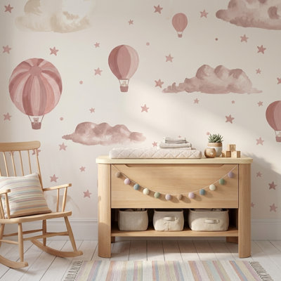 Papier peint montgolfières avec bulles d'air et étoiles roses amovibles