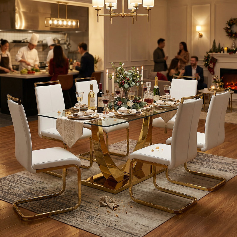 7-Piece Modern Rectangular Glass Top Dining Set with Pedestal Base and Faux Leather Cantilever Chairs, White