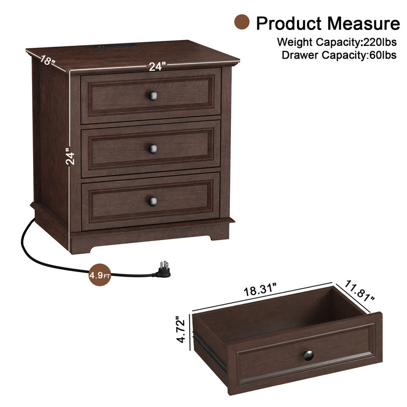 Beattie 3-Drawer End Tables with Storage and Built-in Outlets,Side Table for Living Room,Bedroom,Office, Cherry