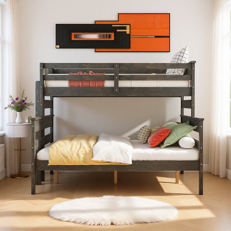 Wood Twin XL over Queen Convertible Bunk Bed with Ladder, Detachable Design, Solid Pine Frame, No Box Spring Required, Gray
