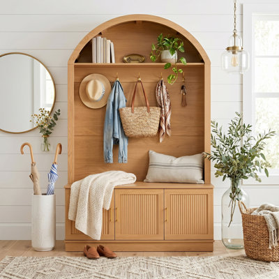 46"W Arched Farmhouse Hall Tree with Shoe Bench and Hooks for Living Room