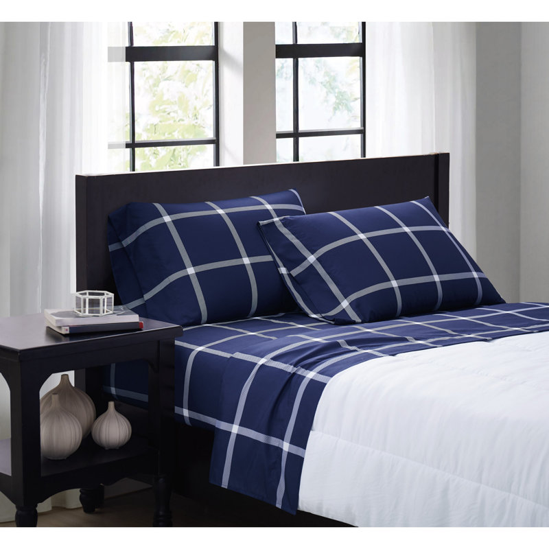 Ensemble de draps en microfibre écossais, Blanc / bleu marine, Complète