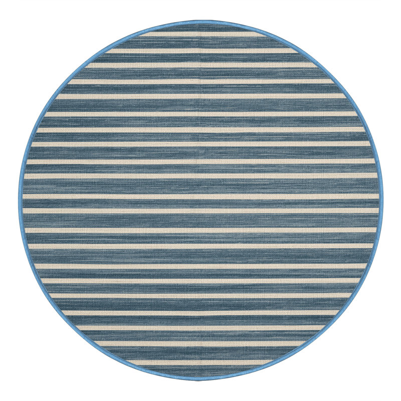 Machine Washable Horizontal Stripes Blue Area Rug, Round 7'