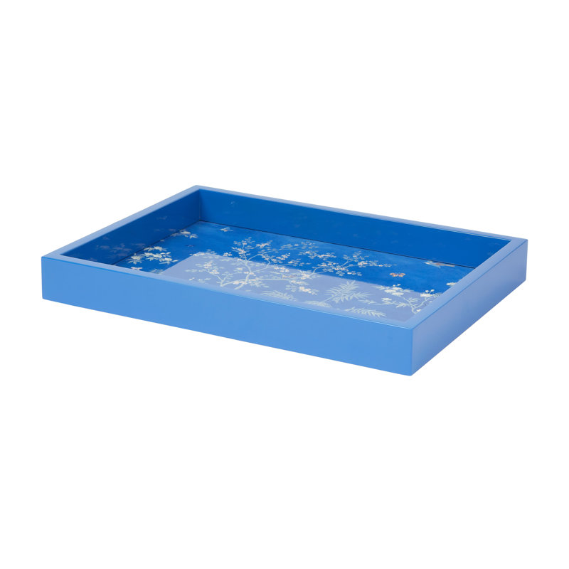 Chinoiserie Lacquer Decorative Tray, 16"Wx14"Dx1.25"H, Blue