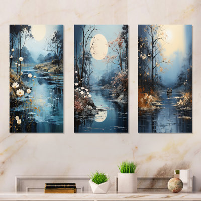 Blue Moonlit River Blooms I - Forest River Metal Wall Decor Set Of 3