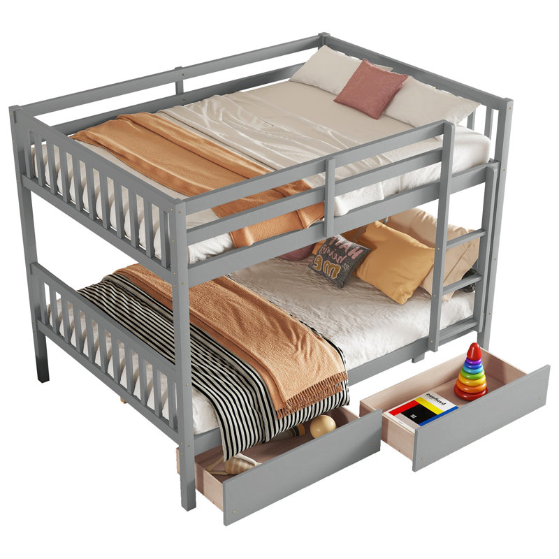 Lit superposé double en bois d'hévéa double avec 2 tiroirs, convertible en 2 lits doubles, lit superposé double avec échelle et garde-corps de sécurité, gris