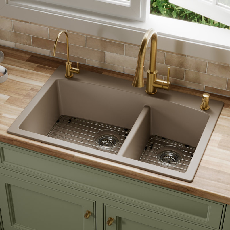 Ensemble d'évier de cuisine à double cuve à montage sur le dessus 60/40 Karran Quartz 33 "X 22", Béton