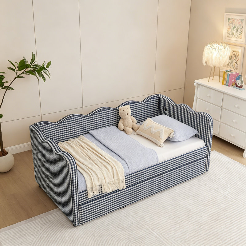 Cozy Gingham Daybed With Trundle Twin Size Sofa Bed No Box Spring Needed, With USB Port And Adorable Wave Shaped, Linen Fabric, Navy