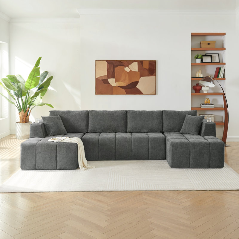 Canapé modulaire en U en chenille avec nuage et porte-gobelets, DARK GREY Chenille, DARK GREY