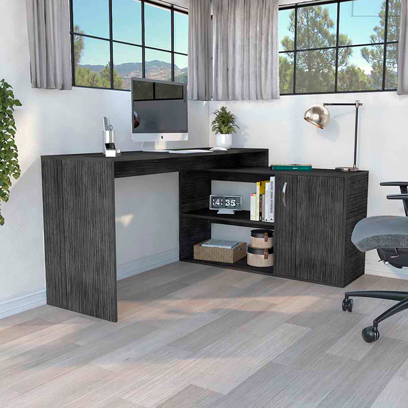 Bureau d'ordinateur moderne en L avec rangement ouvert et fermé, Gris
