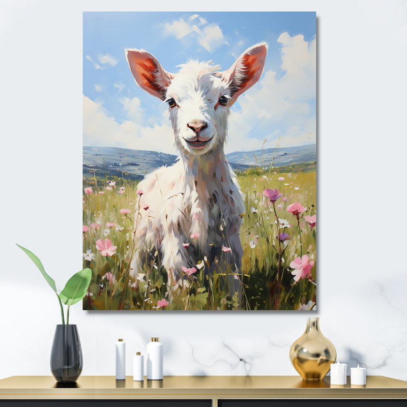 Mignonne chèvre dans les prés floraux - Art mural animal de chèvre, Toile tendue, H 32 po x l 24 po