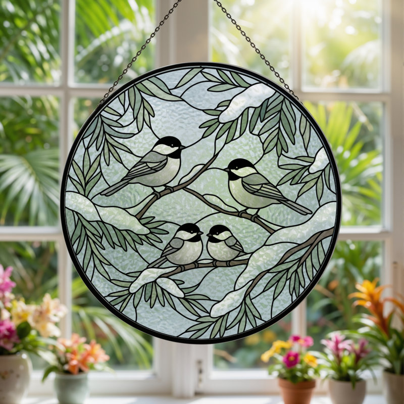 Panneau de vitrail Winter Chickadees - 7,8H, 7.8"H