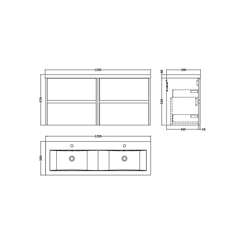 Havana 1205mm Double Bathroom Vanity with Drop In Vitreous China Basin, Graphite Grey
