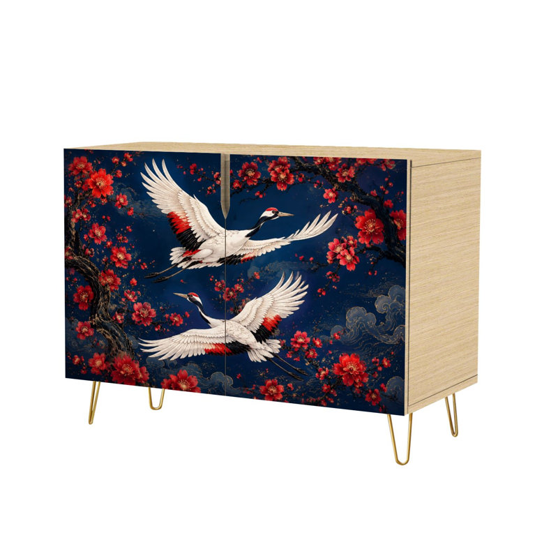 Buffet à deux portes, style grues élégantes, entouré d'un mobilier moderne et dynamique. Console/meuble de rangement en bois sur pied, idéal pour la cuisine, la salle à manger, le salon, l'entrée ou un coin café.