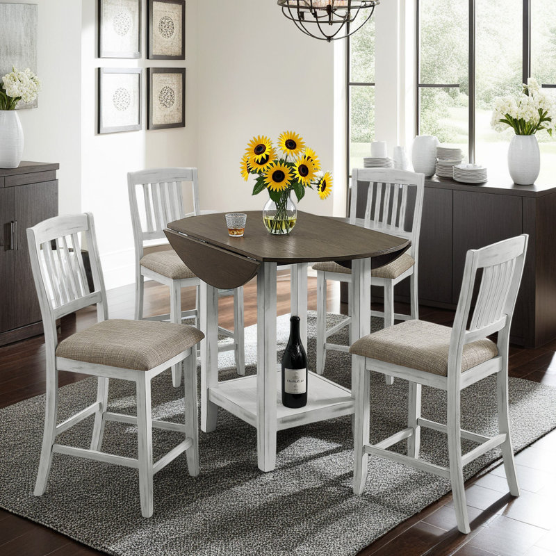 Foldable Leaf Solid Wood Dining Table with Storage, 5-Person Set with Chairs for Small Spaces