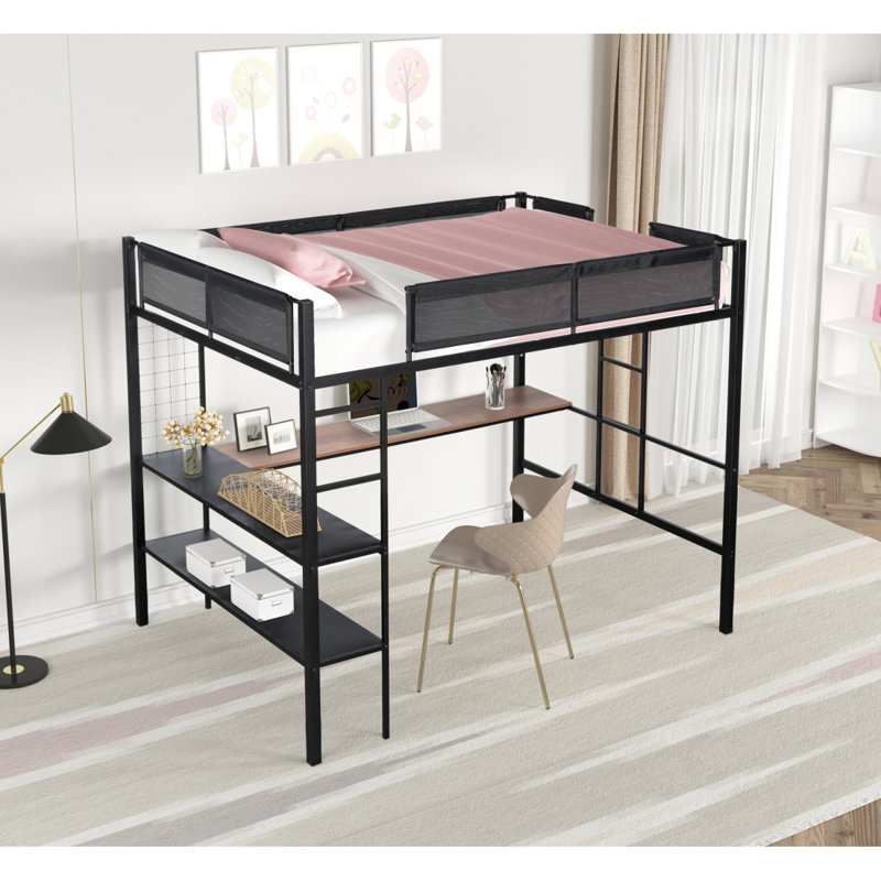 Lit mezzanine en métal avec bureau et tablettes / Structure de lit en métal robuste / Lattes en bois sans bruit / Barrière de sécurité en textilène comtible / Tablettes de bureau intégrées et panneau de grille / Échelles latérales