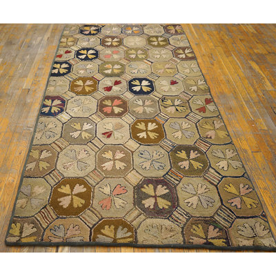 Neutral Earthy Color Antique Geometric American Folk Art Design Hooked Rug