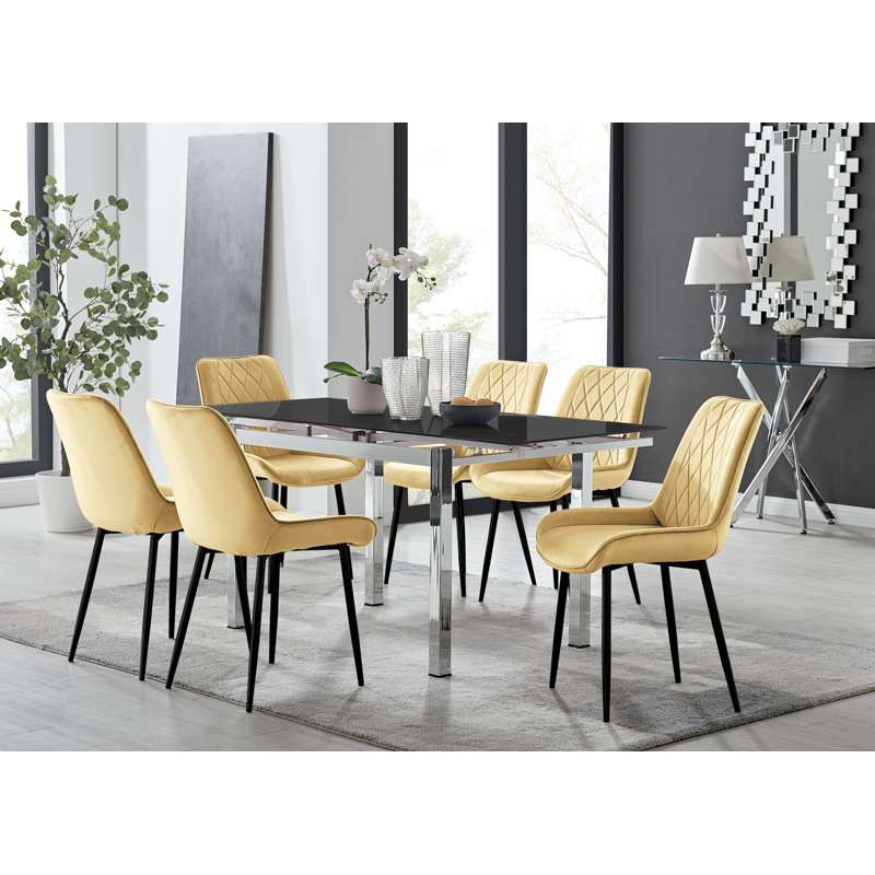 Tierra Modern Glass & Metal Extendable Dining Table Set & 4 Luxury Upholstered Velvet Dining Chairs, Black, Mustard/Silver