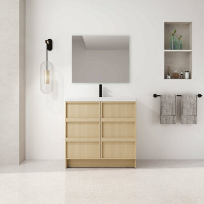 Meuble-lavabo autoportant de 91 cm (36 pouces) avec lavabo en résine et placards à fermeture amortie, structure en contreplaqué pour un rangement élégant