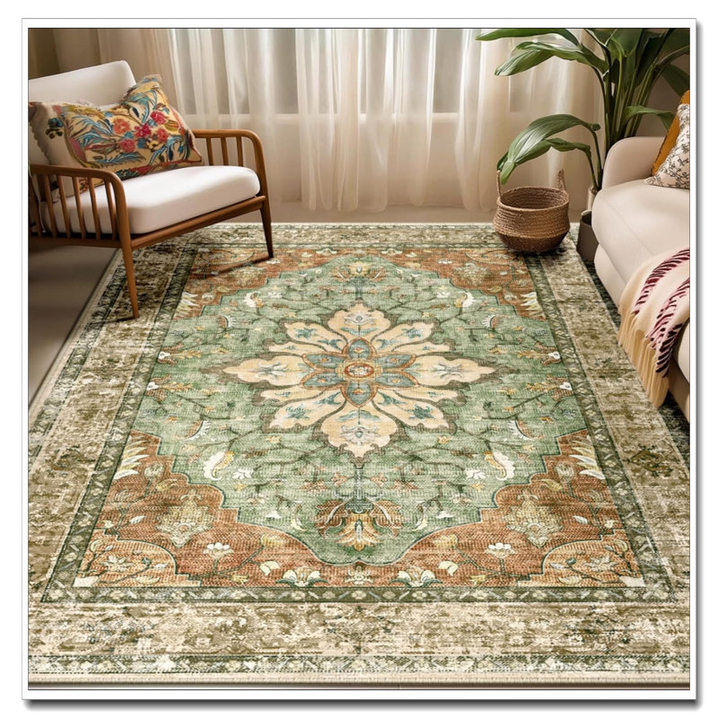 5'X7' Washable Non-Slip Area Rug (ASIN: B0CS62J2G5), Floral Vintage Distress Medallion Print In Light Blue Navy Beige Gray White. Soft Low-Pile, Water-Repellent, Robot-Vac Friendly—Ideal For Living Room, Bedroom & Dining Room Decor