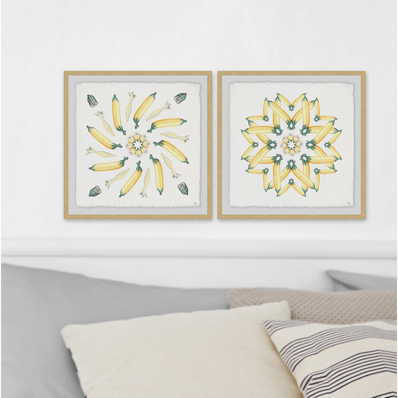 « banane burst diptych », ensemble de 2 reproductions de peintures à l’aquarelle encadrées, H 12 po x l 12 po x P 1,5 po