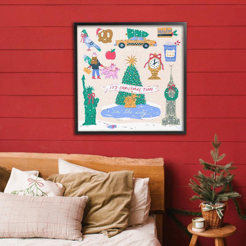 Noël à New York, estampe numérique, design par Krissy Mast, H 24 po x l 24 po, Giclée encadrée noir minuit