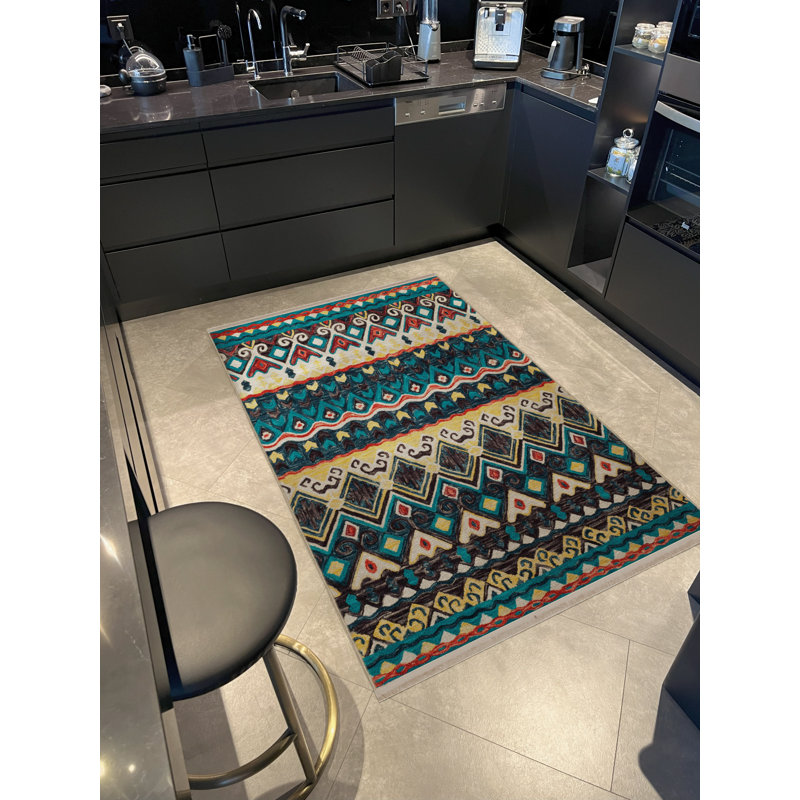 Tapis décoratif multicolore à rayures bleues, Rectangle 3 pi 10 po x 4 pi 11 po