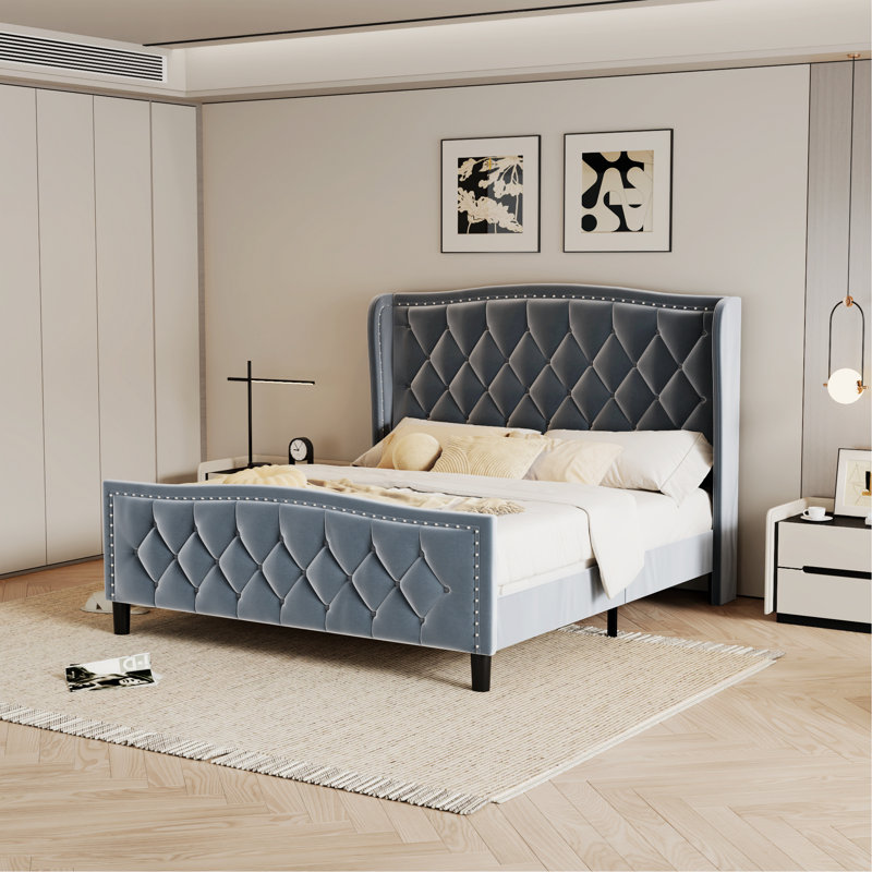 Mirabai Upholstered Metal Wingback Bed, Full, Light Blue