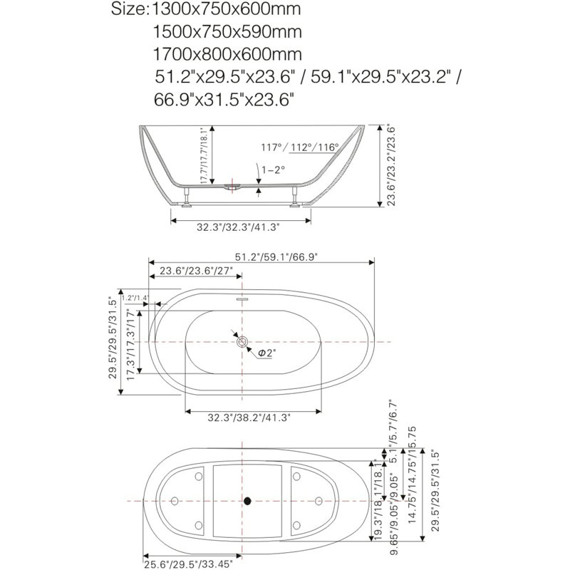 Freestanding Soaking Acrylic Bathtub, White/Integrated Overflow, 23.2'' H X 29.5'' W X 59'' L