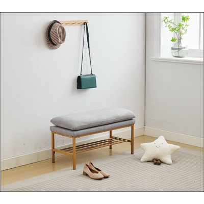 End of Bed Bench with Shelf, Linen Upholstered Storage Shoe Bench, Modern Bedroom Bench with Metal Legs for Living Room, Entryway, Dining Room, 300 LB, Linen Colour