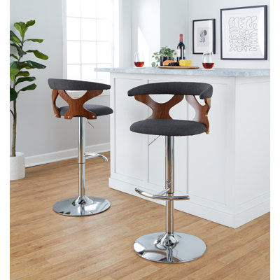 Tabouret de bar réglable Mid-Century avec pivot en métal chromé, bois de noyer et tissu gris anthracite avec repose-pieds arrondi en T - ensemble de 2