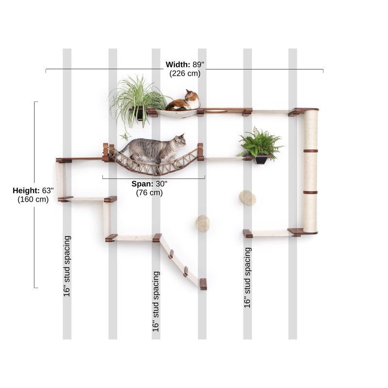 Natural Bamboo Wall-Mounted Cat Tree with Hammocks and Bridge
