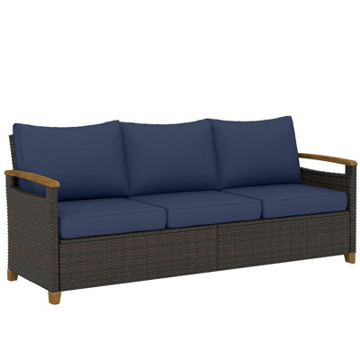 Canapé d'extérieur 3 places, canapé de patio en osier PE avec assise profonde et large, coussins en mousse de 4 po, accoudoirs et pieds effet bois, mobilier de patio pour le jardin, la cour, le porche, le bleu foncé