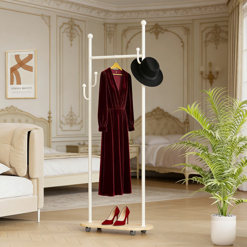 Freestanding Metal Coat Rack With Cactus Hooks And Rolling Shelf, Modern Space-Saving Organizer For Jackets, Hats, Bags, And Shoes, Ideal For Entryway, Bedroom, Or Closet