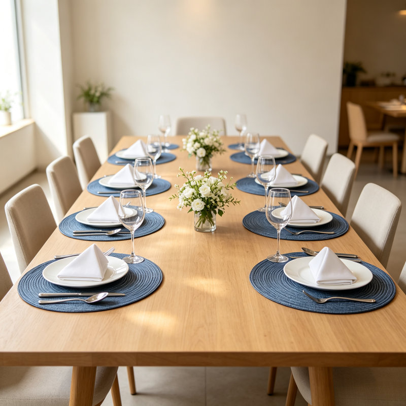 Ensemble de napperons de table tressés ronds bleus en polyester de 8, 15 pouces résistant à la chaleur et anti-brûlure pour la cuisine