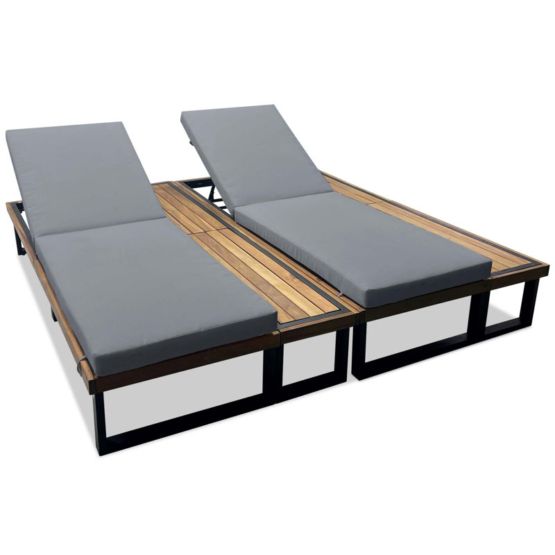 Ensemble de 2 chaises longues de patio avec dossier réglable à 5 positions, coussins et table d'appoint en bois, Gris