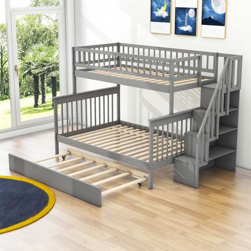 Lit superposé simple au-dessus d'un lit double avec lit gigogne et tablettes Dequanda, gris