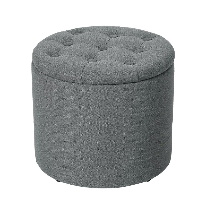 Round Tuffed Upholstered Storage Ottoman, Dark Blue Linen