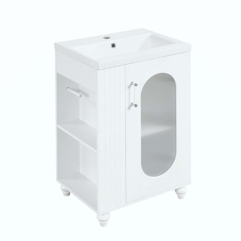 Meuble-lavabo avec lavabo, meuble-lavabo avec tablette à deux niveaux, tablette réglable, bois massif et panneau de fibres à densité moyenne