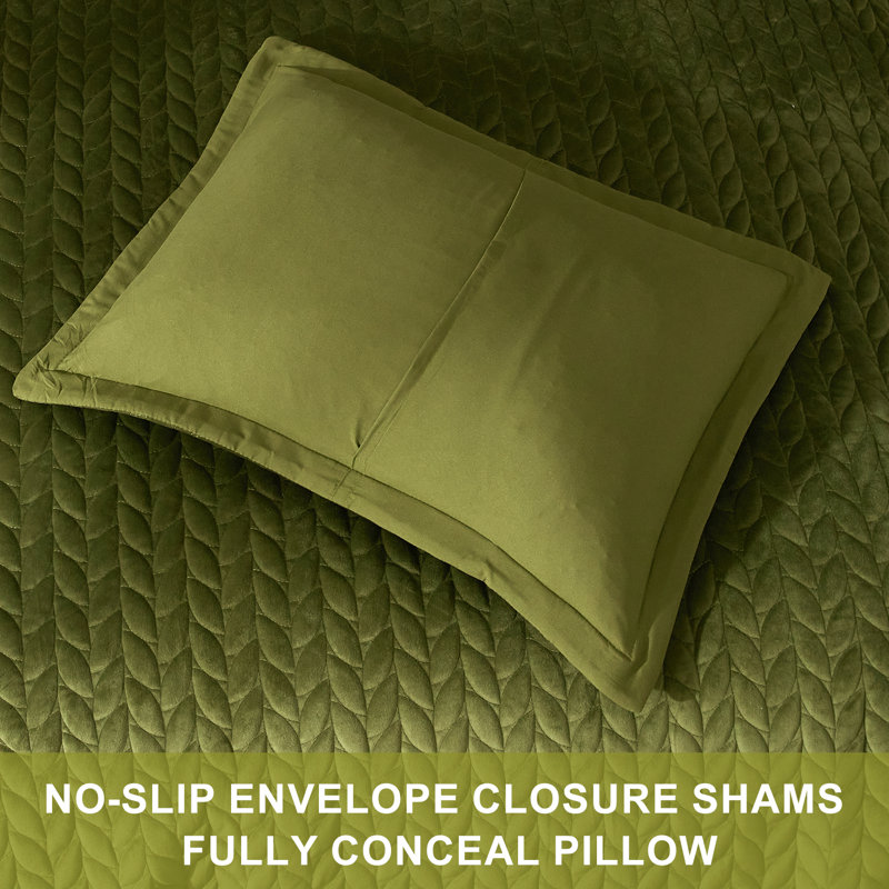 Velvet Quilt Set with 2  Pillow Shams, Queen Quilt + 2 Standard Shams, Olive Green Leaves