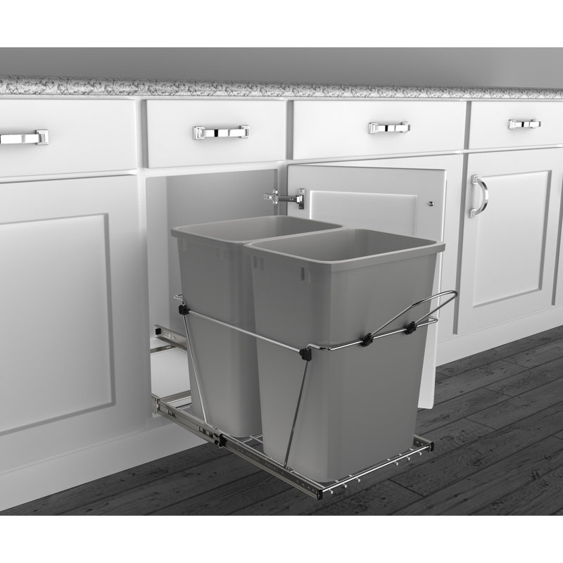 Rev-A-Shelf Double Pull Out Trash Can 35 Qt for Kitchen, Metallic Silver, 35 quart