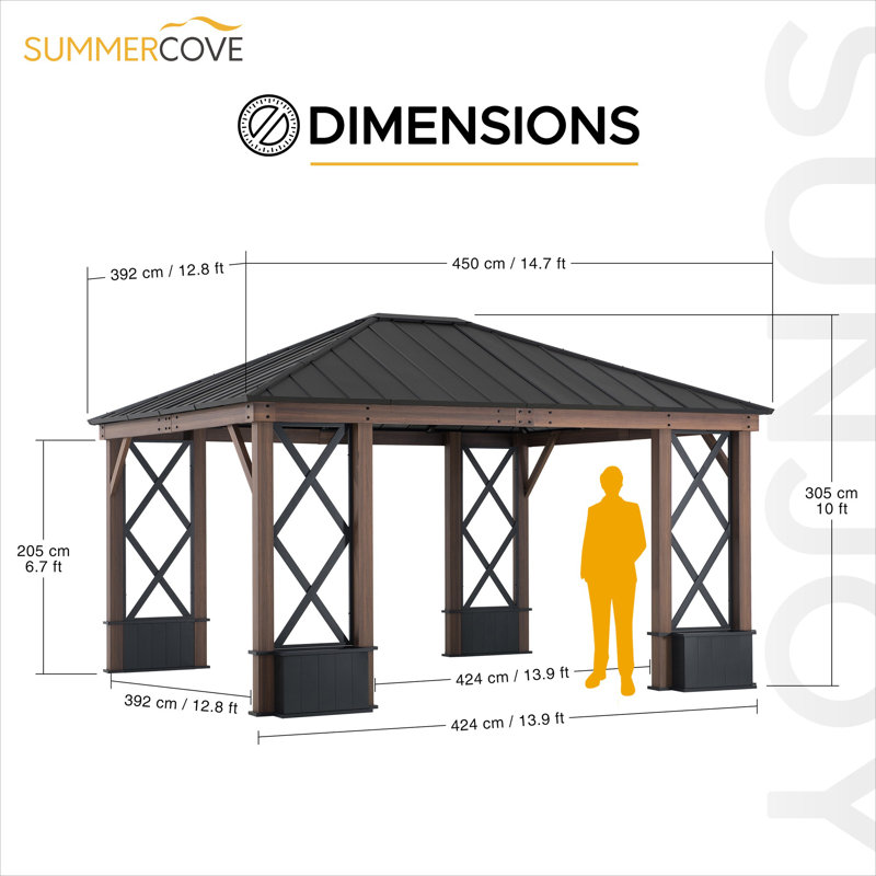 Sunjoy 13 ft. x 15 ft. Hardtop Gazebo, Outdoor Black Steel Roof Gazebo Aluminum Framed Gazebo with Planters and Ceiling Hook for Patio, Garden, and Backyard Activities