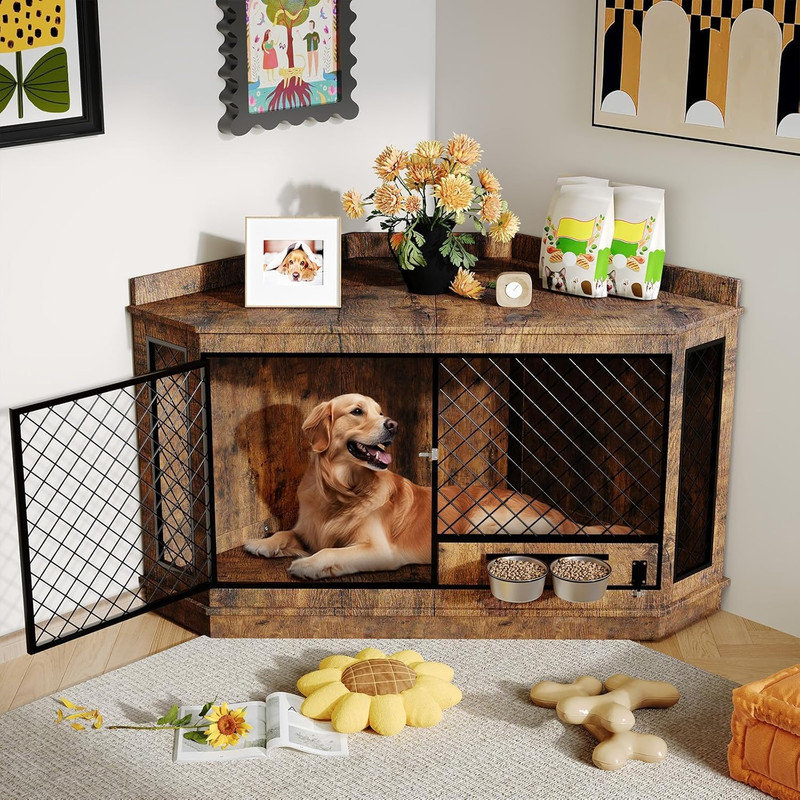 Meuble de 52 po pour cage d'angle avec mangeoire rotative, meuble télé peu encombrant pour petits / moyens / grands chiens