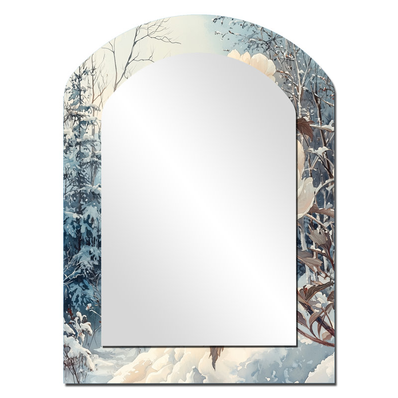 Snow Capped Peonies Into The Forest II - Large Arched Wall Mirror On Metal, 34" x 25"