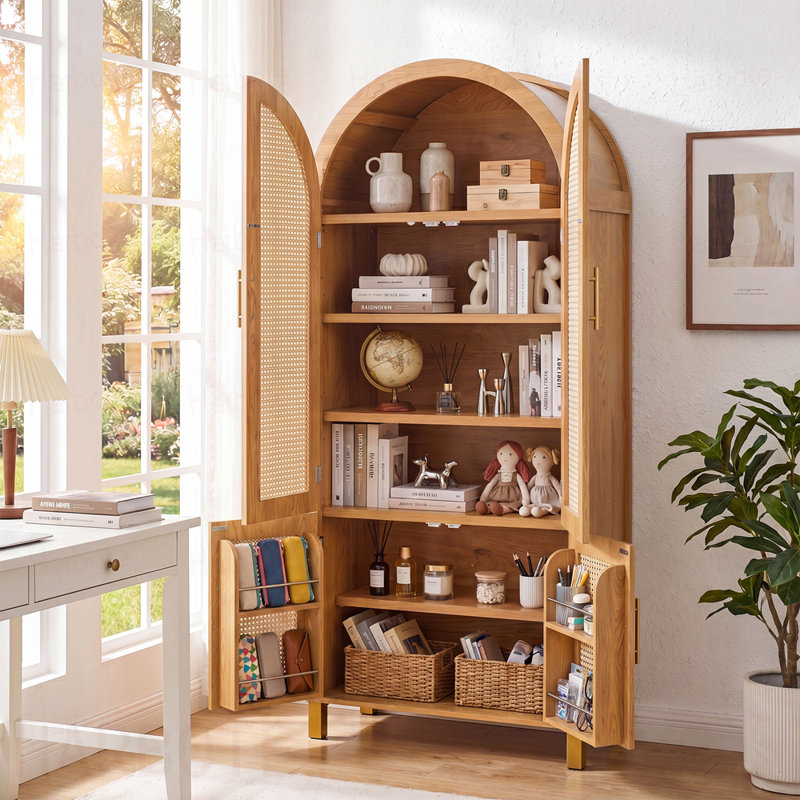 Grande armoire arquée avec portes en rotin et tablettes réglables, armoire de rangement de style campagnard moderne à 4 portes avec supports intégrés