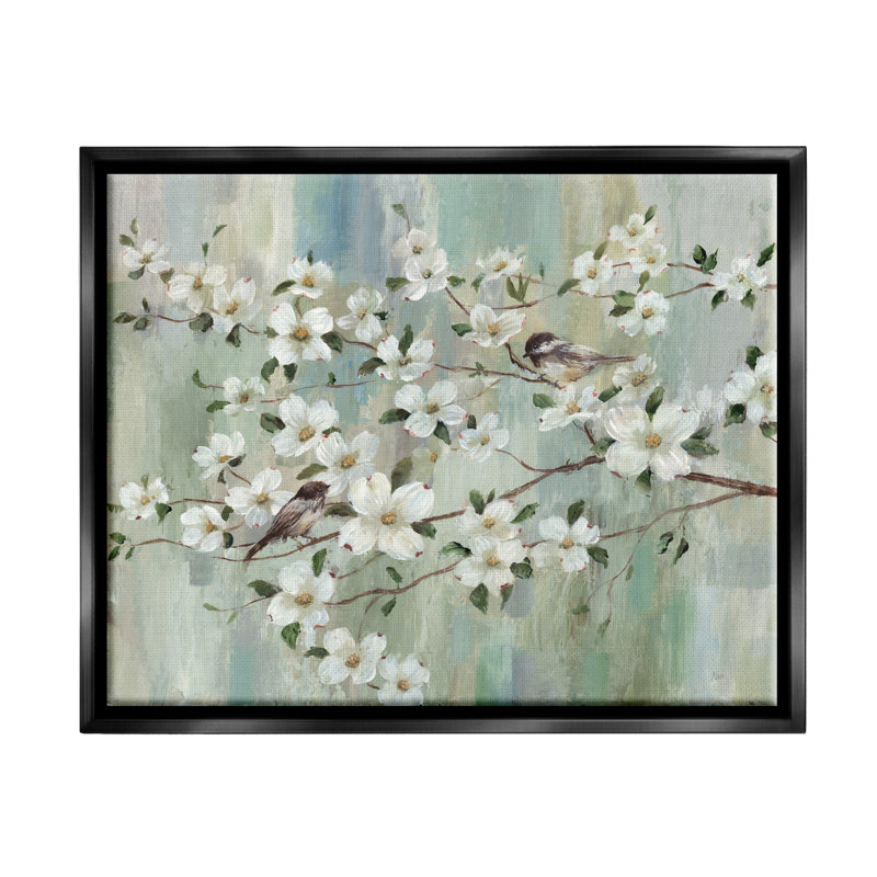 Fleurs délicates de fleurs de cerisier perchées, peinture classique par Nan - Peinture sur toile, Cadre flottant noir de jais