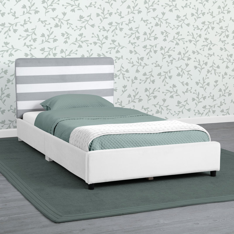 Delta Children Upholstered Twin Size Bed With Headboard, Premium Wood Slat Support, No Box Spring Needed, Easy Assembly, Grey/White Stripe