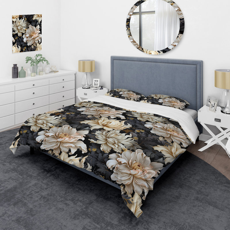 Ensemble de housse de couette Golden Golden Beige and Black Flowers Elegance, Housse de couette pour très grand lit et 2 très