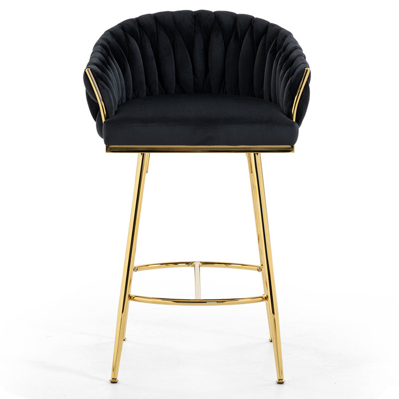 Tabouret de bar 26 po à hauteur de comptoir, tabouret de bar en velours pour îlot de cuisine avec dossier ondulé à la main, base et repose-pieds chromés dorés, noir
