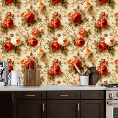 Peel and Stick Wallpaper Vintage Floral Red Cream Roses Beige Contact Paper Removable Self Adhesive Wall Mural Wall Decor for Bedroom Kitchen Cabinets 24in x 118in